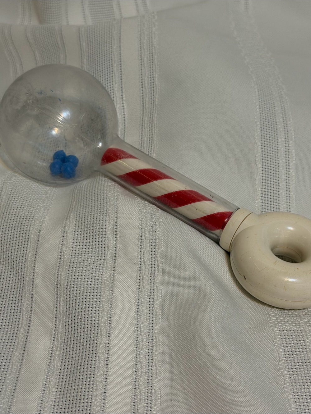 Vintage Johnson & Johnson Rattle Striped Red & White Clear Baby Toy Parent